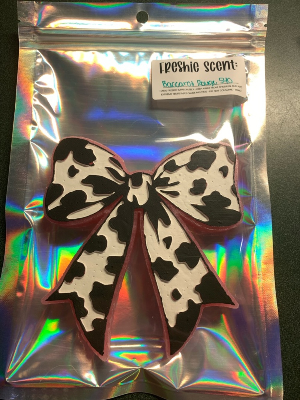 Cow Print Bow Black, Pink, & White Car Freshie in Baccarot Rouge 540